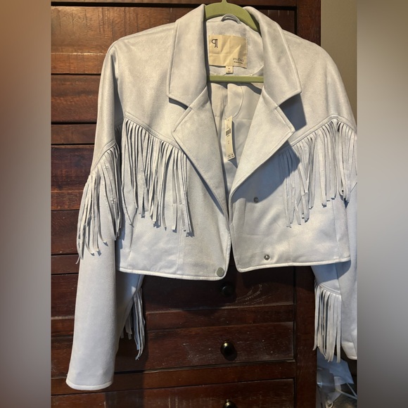 Pilcro Jackets & Blazers - Pilcro Faux Suede Fringe Moto Jacket Wedgewood Blue Sz M - very Lt Blue NWT